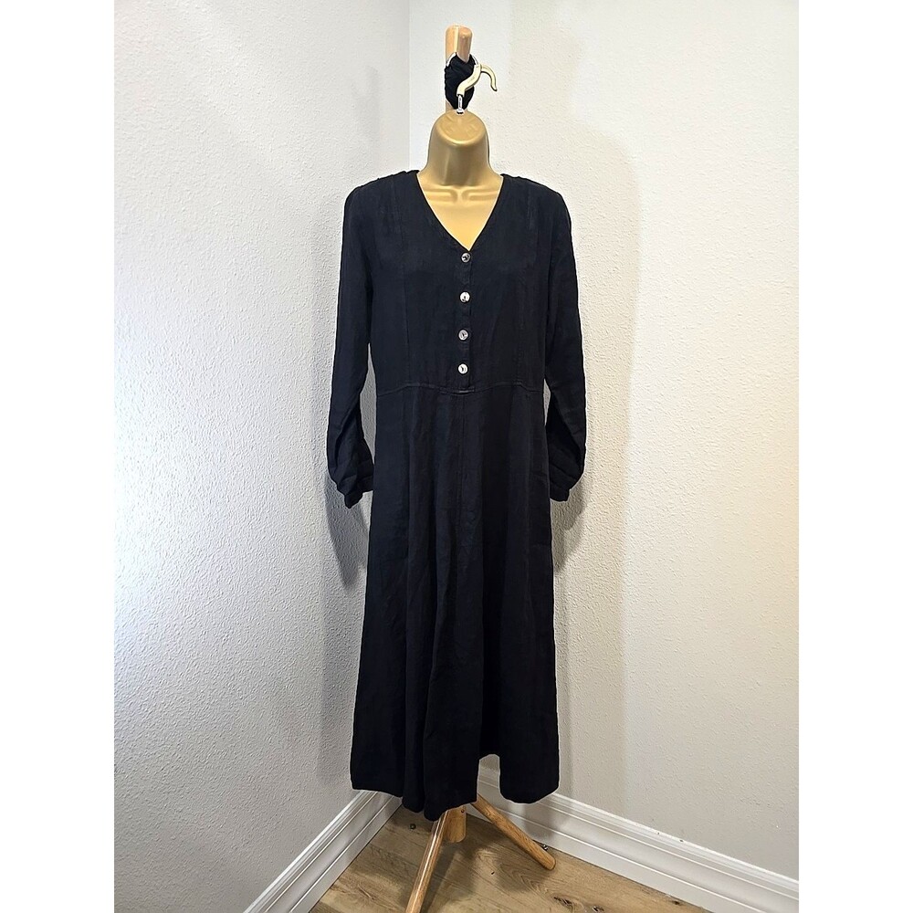Vtg 90s Linen Black Dress Sz Small Midi Lagenlook Peasant Prairie Minimalist USA